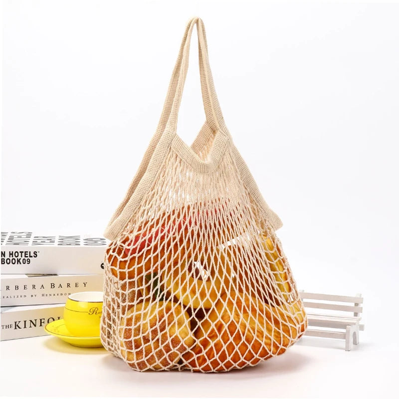 Reusable Mesh Grocery Bags, Long Handle Produce Bags, Fruit & Veggie Storage, Woven Mesh Pocket Hollowed Out Kitchen Storage