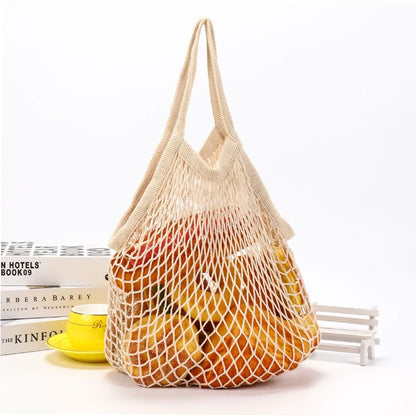 Reusable Mesh Grocery Bags, Long Handle Produce Bags, Fruit & Veggie Storage, Woven Mesh Pocket Hollowed Out Kitchen Storage