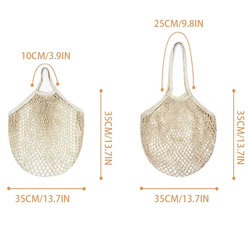 Reusable Mesh Grocery Bags, Long Handle Produce Bags, Fruit & Veggie Storage, Woven Mesh Pocket Hollowed Out Kitchen Storage