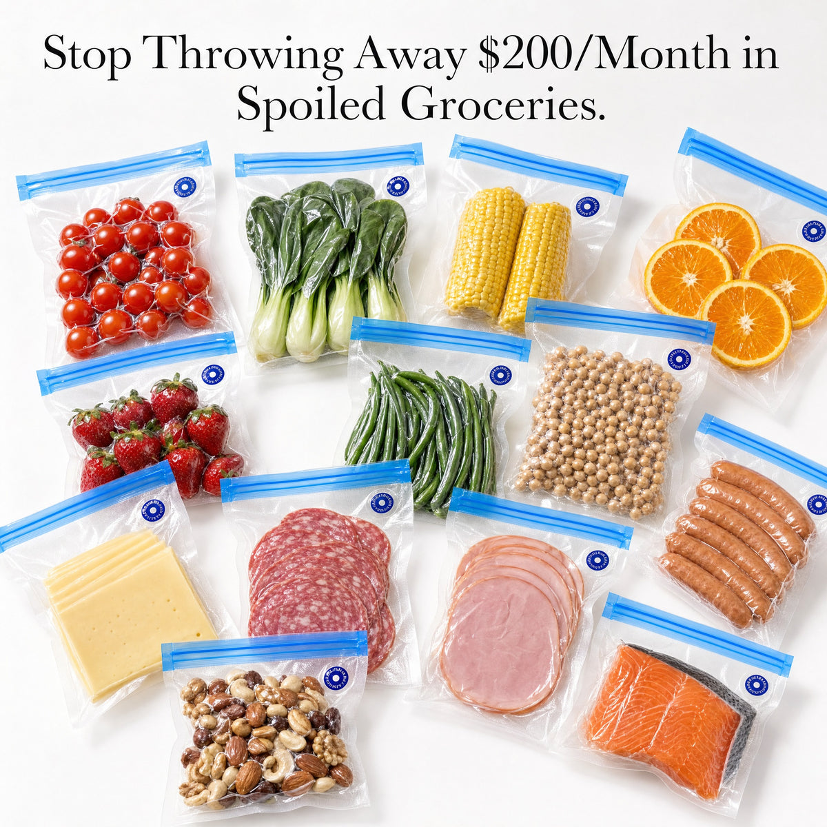 Reusable vacuum food storage bags with fresh food