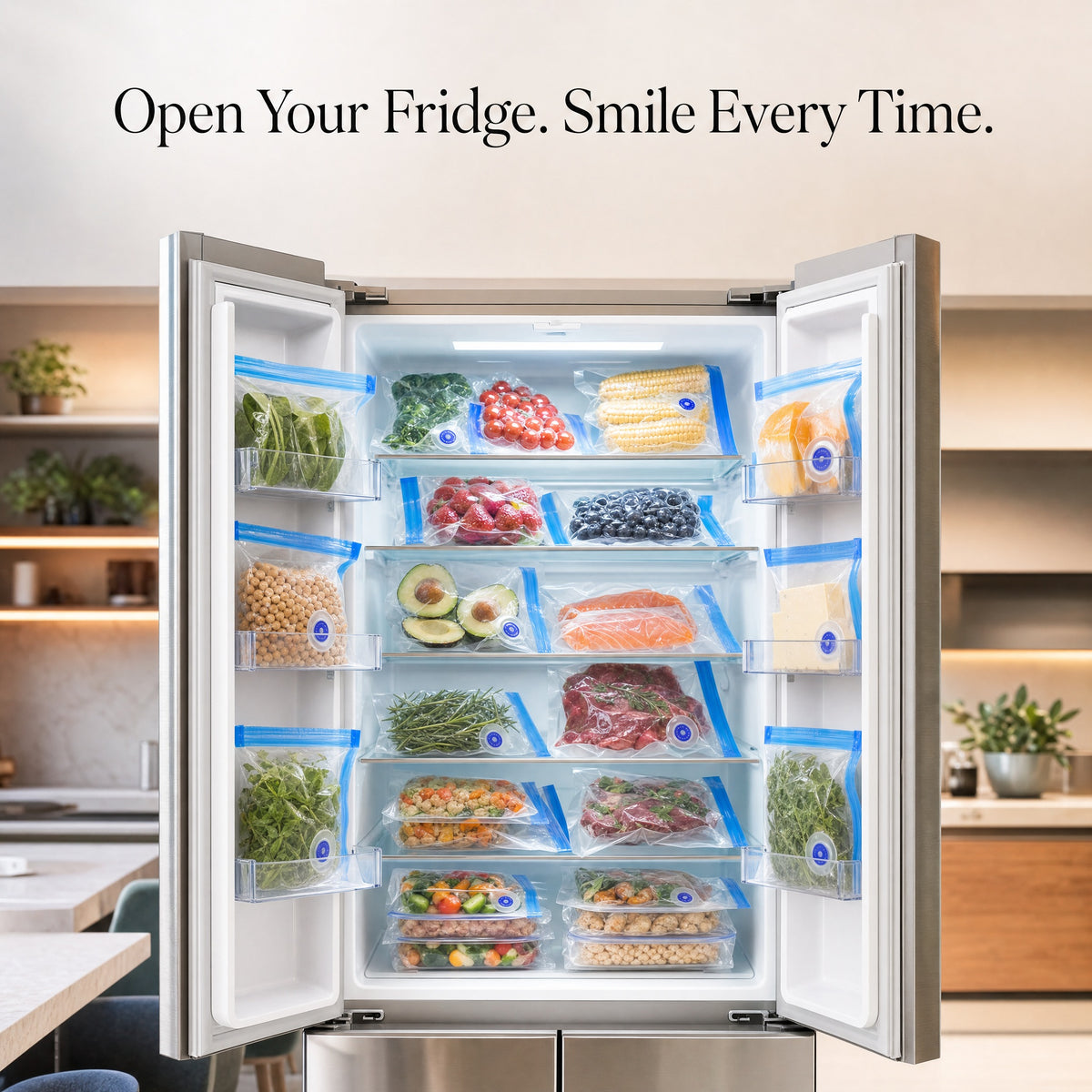 Reusable vacuum bags for storing food in the refrigerator